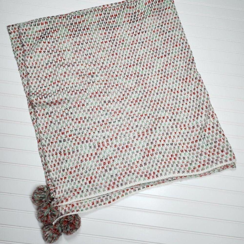 Threshold | Festive Holiday White, Red & Green Throw Blanket with Pom Pom Corner